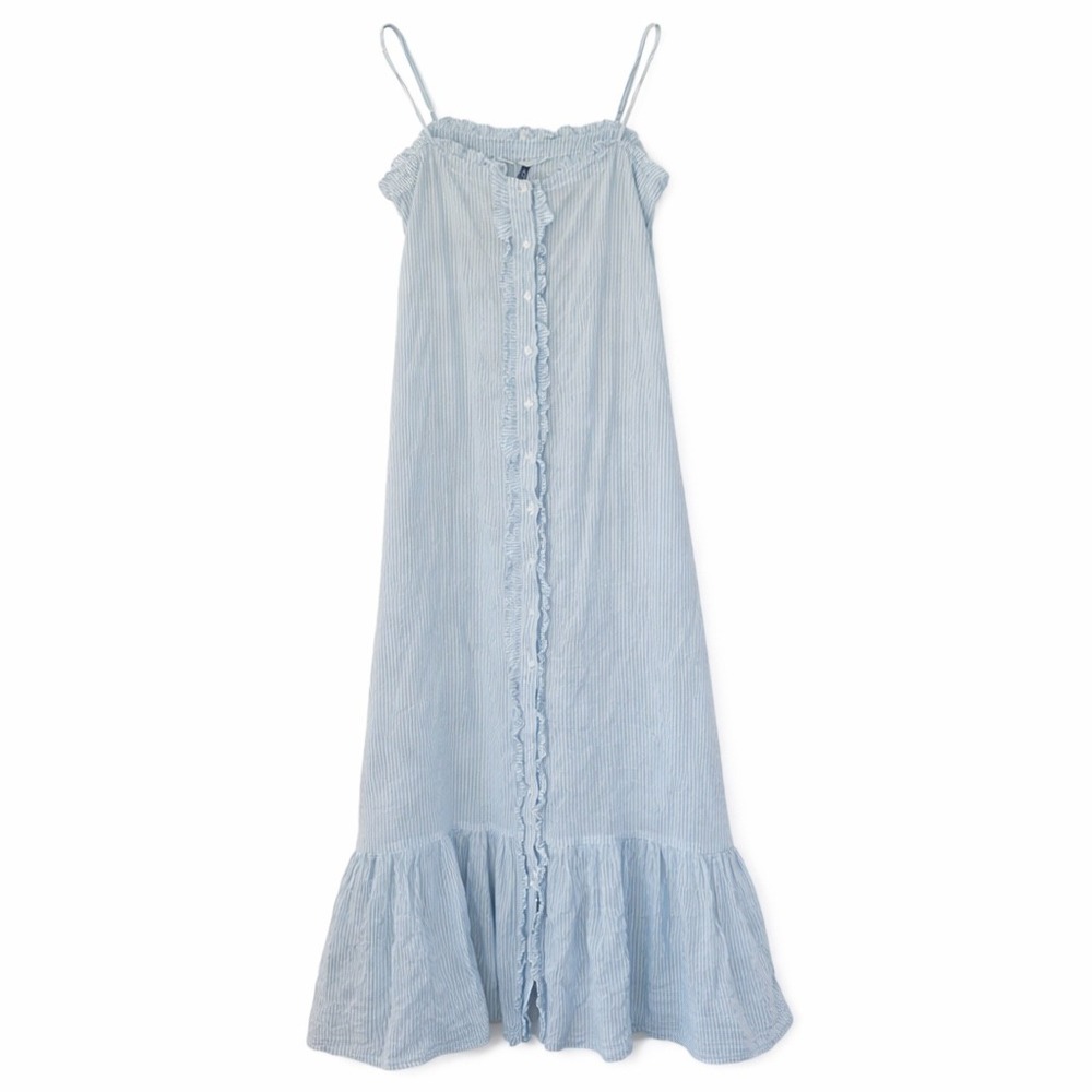 Lisa Marie Fernandez Maxi Dress Women 6-8 Blue Stripe Ruffle Button Down Coastal